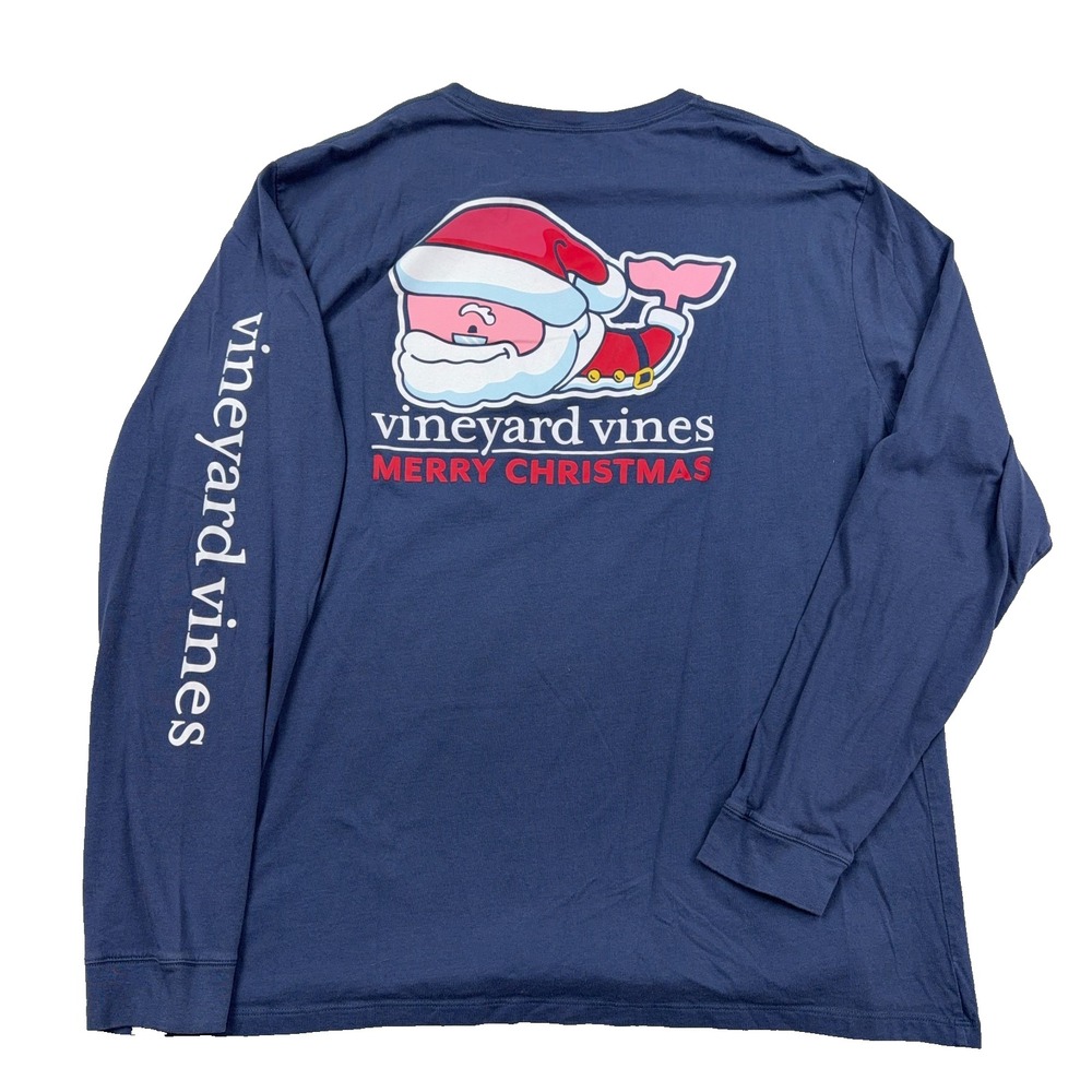 Vineyard Vines Shirt Men 2XB Pocket Tee Blue Long Sleeve Christmas Sanat Whale